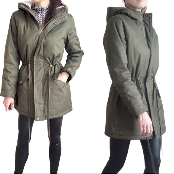 SHERPA LINED UTILITY PARKA JACKET COAT - DARK OLIVE GREEN - Picture 4 of 10